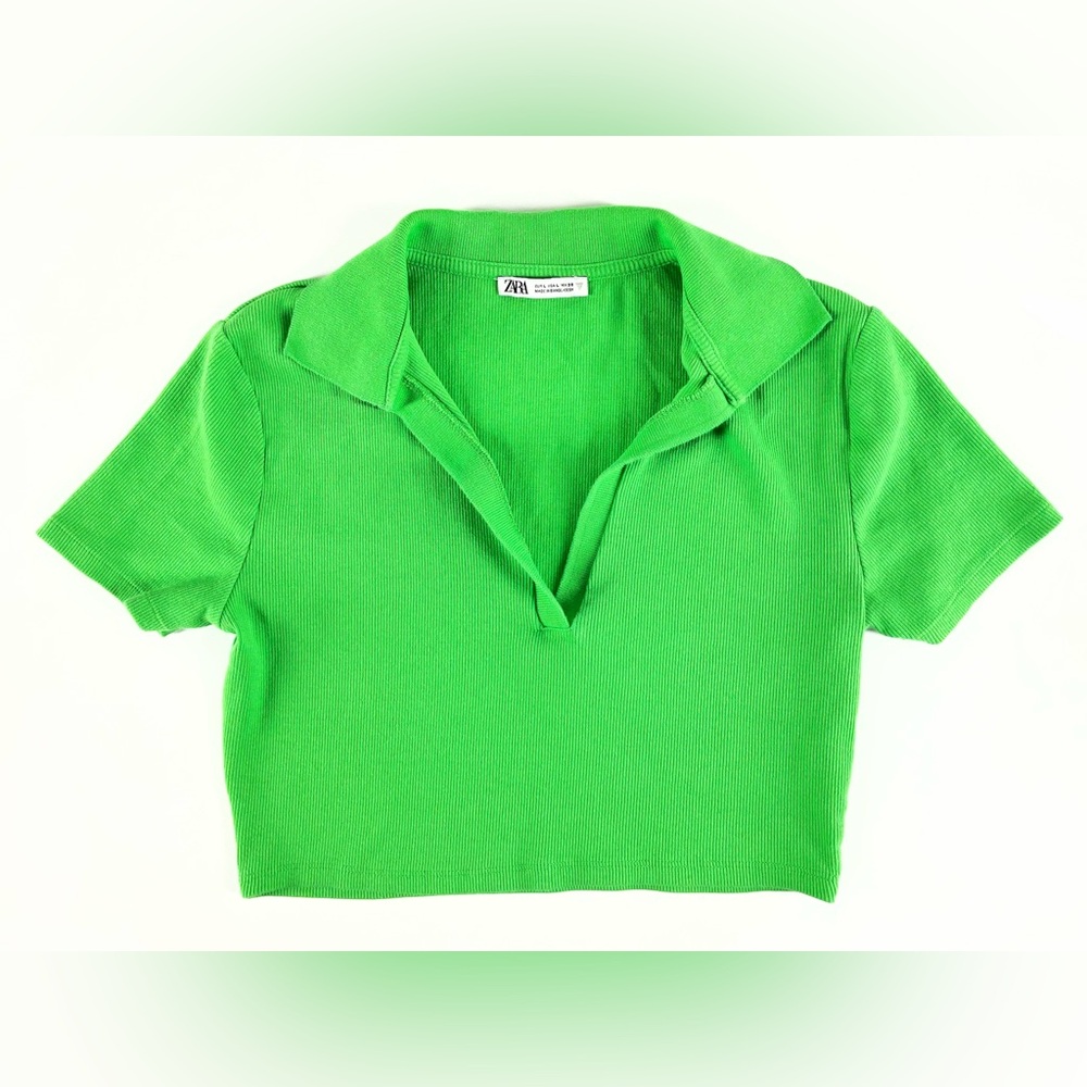 Zara Vibrant Green Ribbed Crop V-Neck Polo‎ Shirt Women’s Size Large